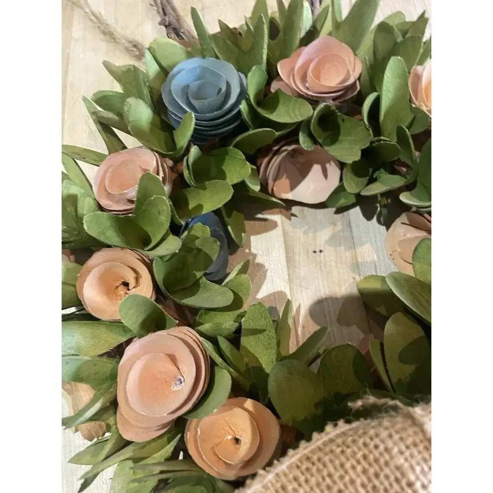Handmade Wood Shaving Pink & Blue Floral Wreath Decor Art Farmhouse Cottagecore